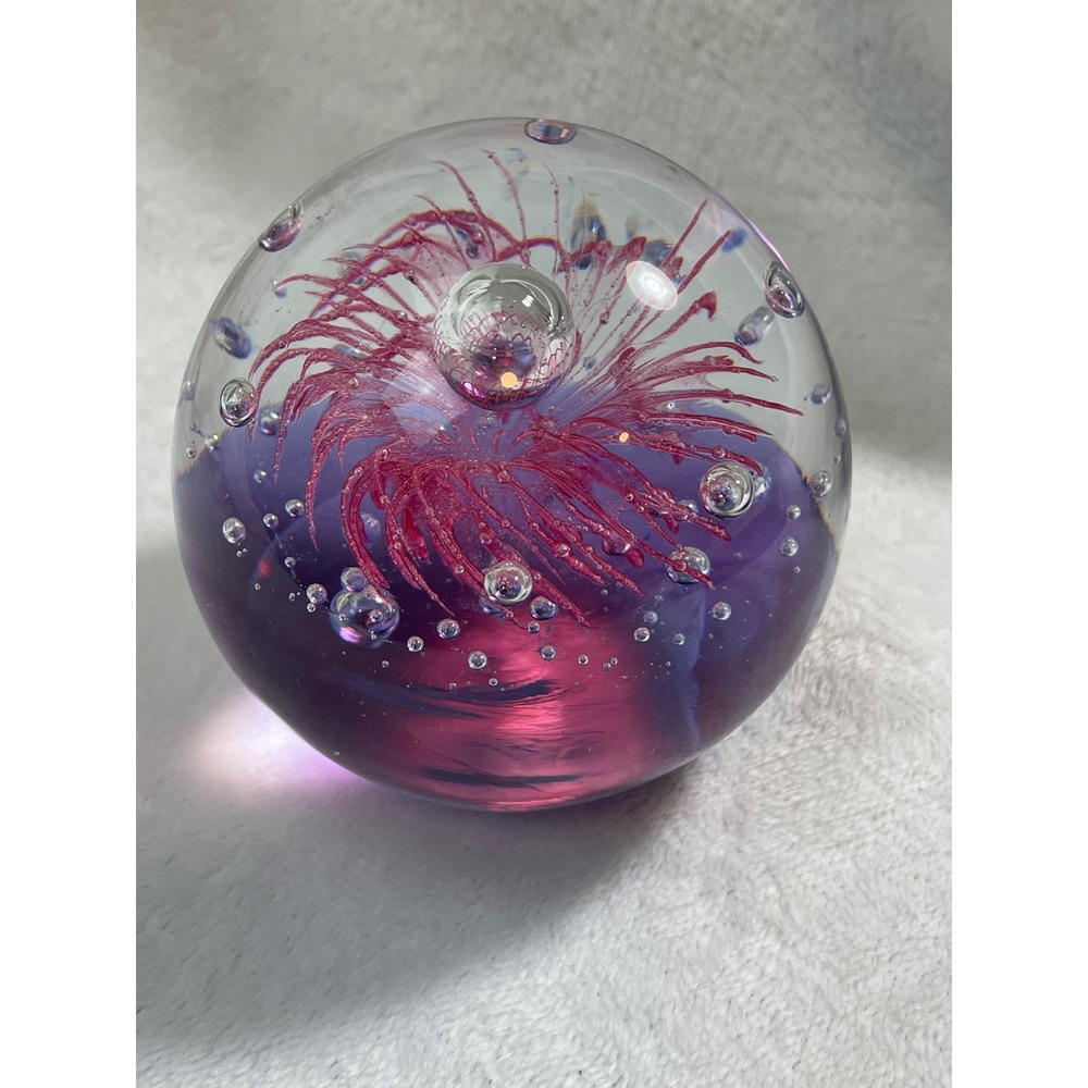 Art Glass Paperweight Purple Pink Sea Anemone Controlled Bubble Sphere 3"